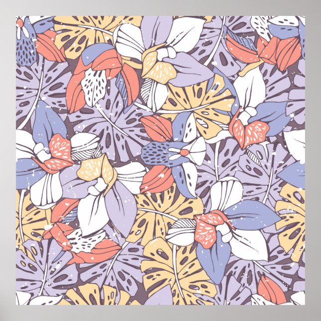 Tropic seamless pattern with orchid and monstera l poster (Vorne)