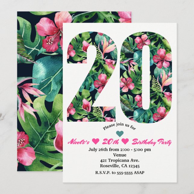 Tropical 20 20e Floral Anniversaire Invitation (Devant / Derrière)