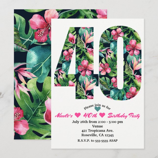Tropical 40 40. Geburtstagsparty Einladung (Vorne/Hinten)