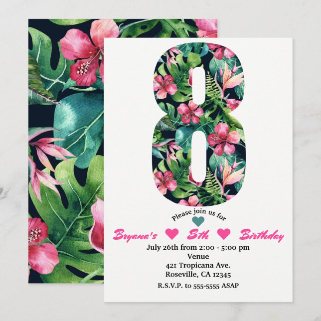 Tropical 8 Huit Invitation de fête d'anniversaire (Devant / Derrière)