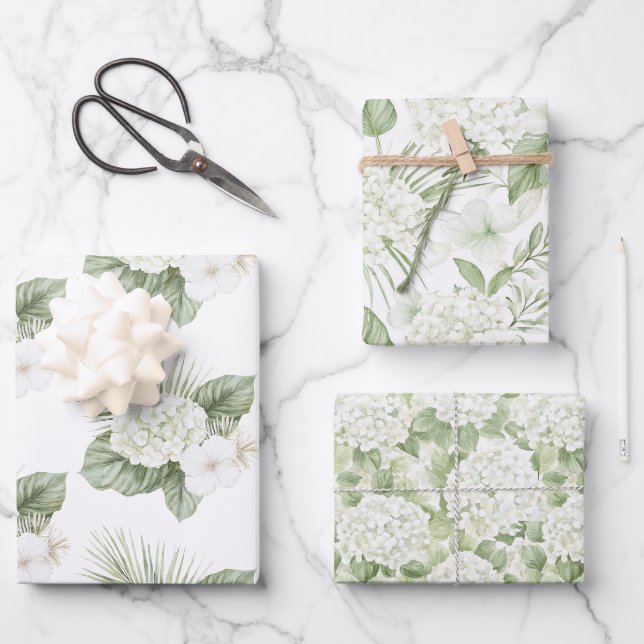 Tropical Aloha Beach Hydrangea Blumenhochzeit Geschenkpapier Set (Vorderseite)