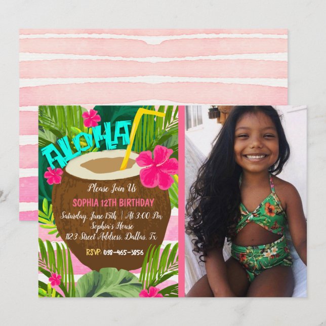 Tropical Aloha Birthday Einladung (Vorne/Hinten)