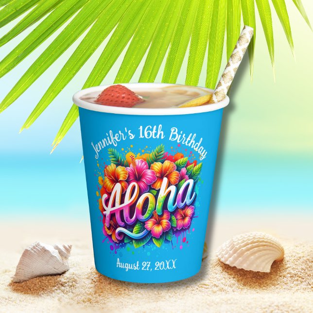 Tropical Aloha Hawaiian Birthday Luau Blue Pappbecher (Von Creator hochgeladen)