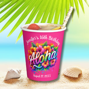 Tropical Aloha Hawaiian Birthday Luau Pink Pappbecher