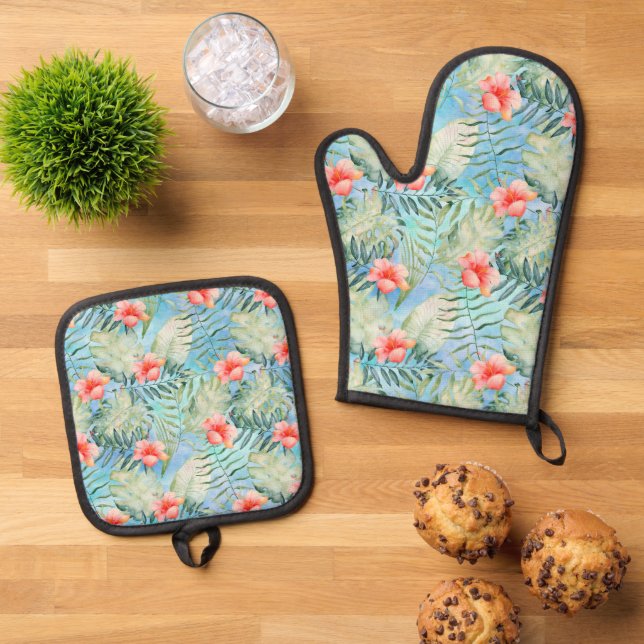 Tropical Aloha Hibiskus Floral Ofenhandschuh & Topflappen-Set (Oben Unten)
