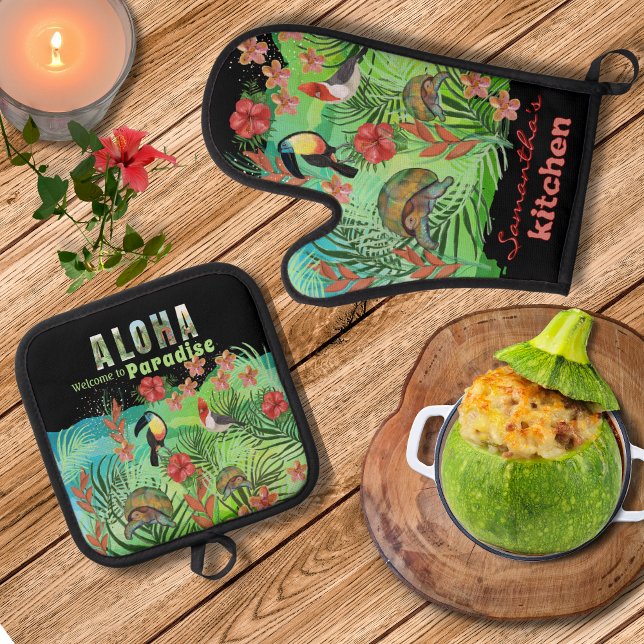Tropical Aloha Paradise Oven Mitt and Pot Holdings Ofenhandschuh & Topflappen-Set (Tropical Aloha Paradisse Oven Mitt and Pot Holders Oven Mitt & Pot Holder Set )