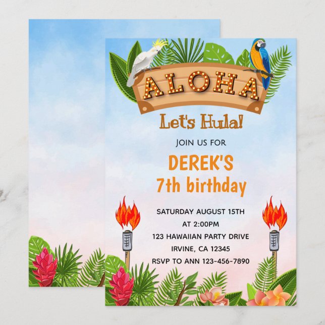 Tropical Aloha Parrots Einladung zum Geburtstag (Vorne/Hinten)