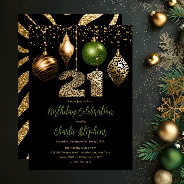 Tropical Animal Skin Baubles 21. Geburtstag Party Einladung (Glamorous Tropical Animal Print Baubles 21st Birthday Party Invitation in Black, Gold & Olive Green)