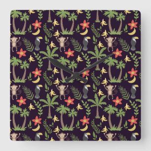 Tropical animals seamless pattern monkey & macaw quadratische wanduhr