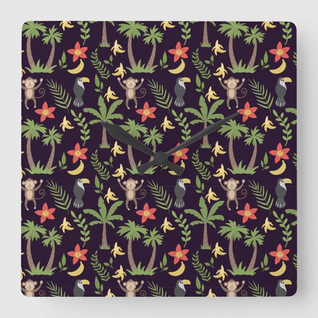 Tropical animals seamless pattern monkey & macaw quadratische wanduhr (Vorderseite)