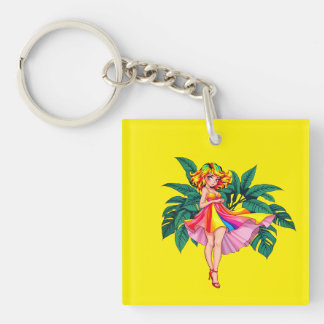 Tropical Anime Girl rainbow Dress Square Acrylic 