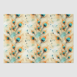 Tropical Aqua Peach Orange Peacock Feathers Seidenpapier