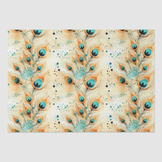 Tropical Aqua Peach Orange Peacock Feathers Seidenpapier (Vorderseite)