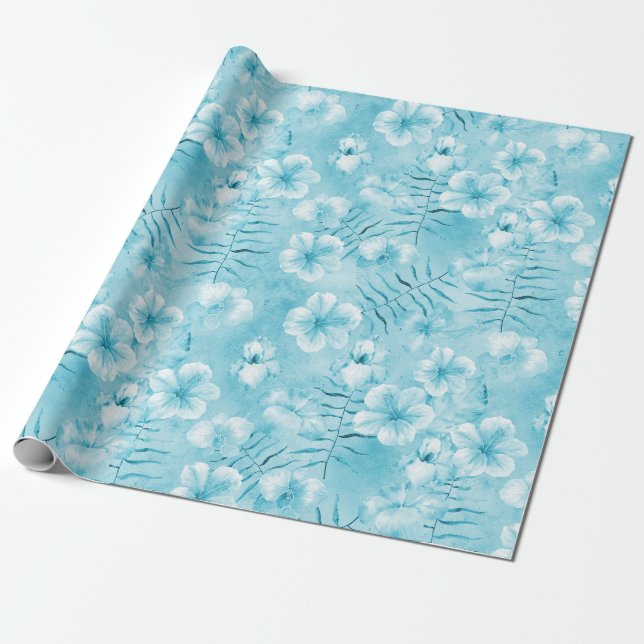 Tropical Aqua White Orchias Hibiskus Floral Geschenkpapier (Ungerollt)