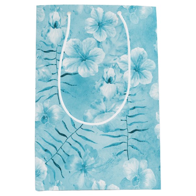 Tropical Aqua White Orchias Hibiskus Floral Mittlere Geschenktüte (Vorderseite)