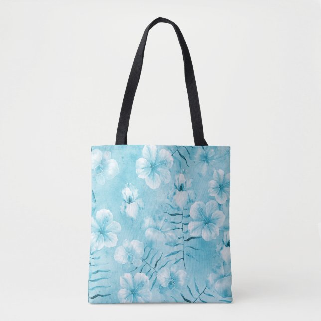 Tropical Aqua White Orchias Hibiskus Floral Tasche (Vorderseite)