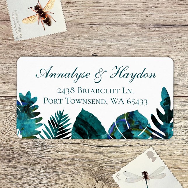 Tropical Aquamarin Island Blätter Hochzeitsadresse Adressaufkleber (tropical teal green, aquamarine island palm leaves, monstera, ferns address labels for rsvp cards)
