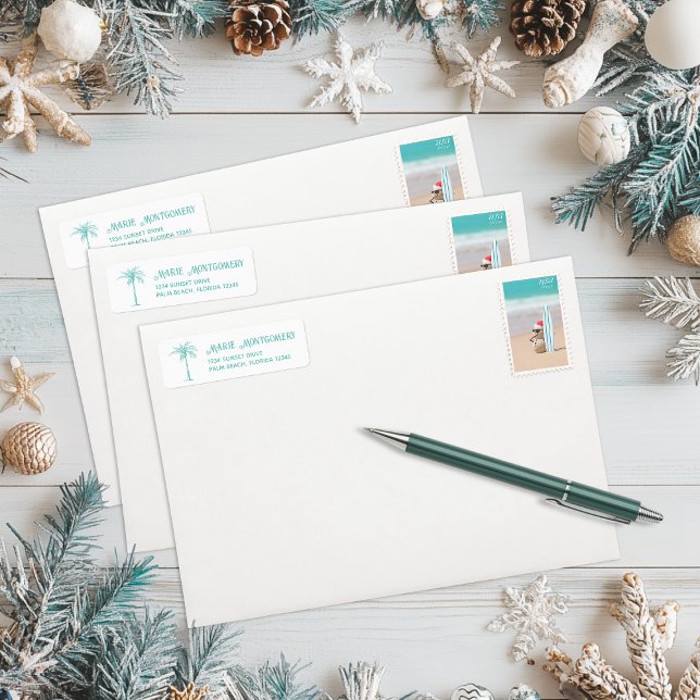 Tropical Aquamarin Palm Tree Return Address Label (Tropical Seas & Greetings Teal Palm Tree Return Address Label)