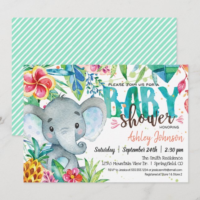 Tropical Baby Shower Einladung, Elephant Einladung (Vorne/Hinten)