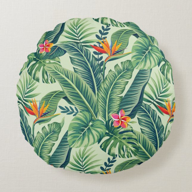 Tropical Banana Monstera Palm Blätter & Blume Rundes Kissen (Vorderseite)