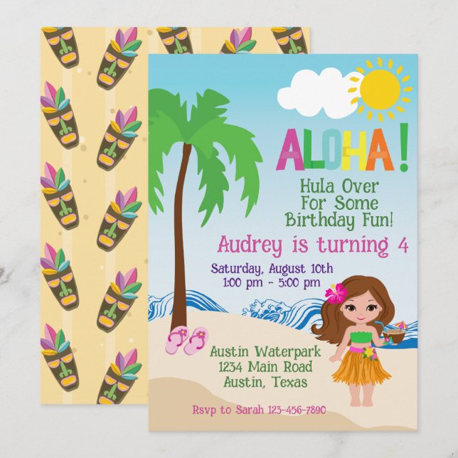 Tropical Beach Aloha Luau Einladung zum Geburtstag (Vorne/Hinten)