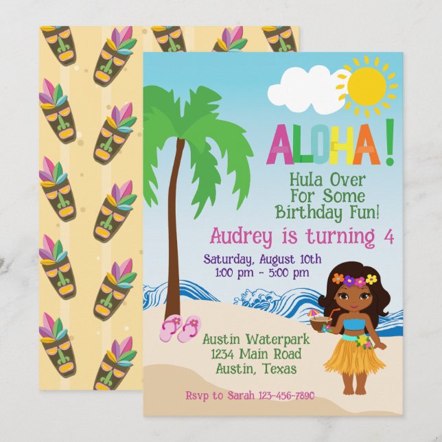 Tropical Beach Aloha Luau Einladung zum Geburtstag (Vorne/Hinten)