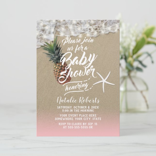 Tropical Beach Ananas & Starfish Babydusche Einladung (Stehend Vorderseite)