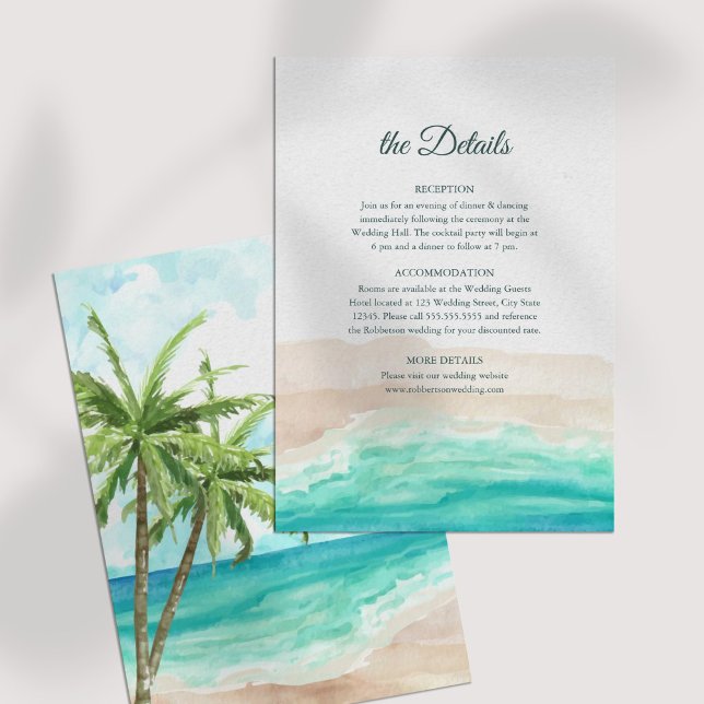 Tropical Beach and Palm Trees Wedding Details Card Einladung (Tropical Beach and Palm Trees Wedding Details Card on a white table.)