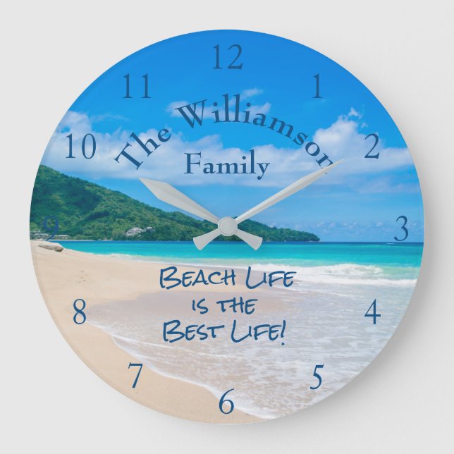 Tropical Beach Aqua Ocean White Sand Waves Große Wanduhr (Vorderseite)