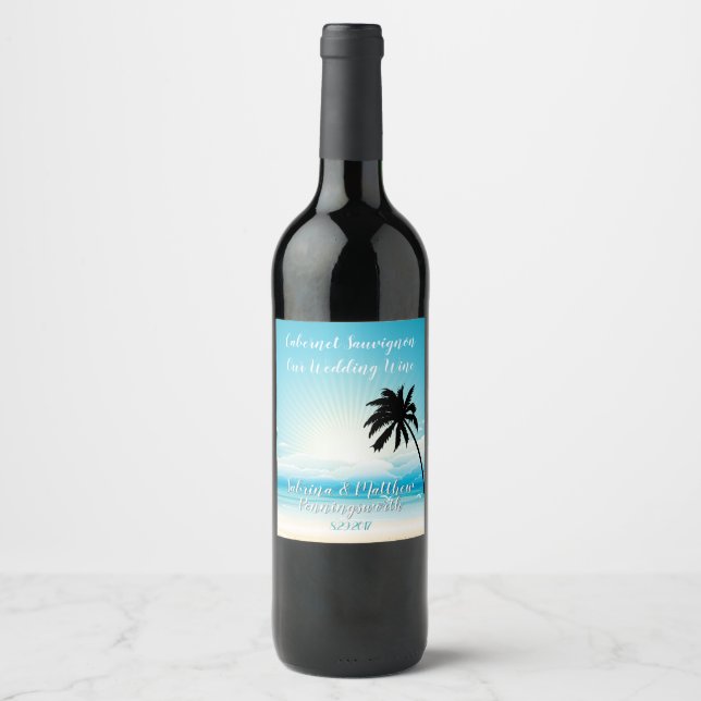 Tropical Beach Aquamarin Hochzeitsweinlabel Weinetikett (Vorderseite)
