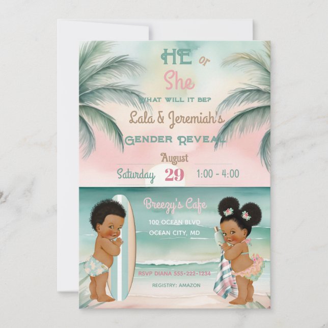 Tropical Beach Baby Gender offenbaren Blush Sage Einladung (Vorderseite)