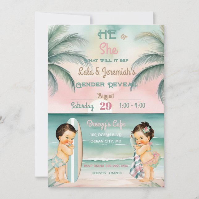 Tropical Beach Baby Gender offenbaren Blush Sage Einladung (Vorderseite)