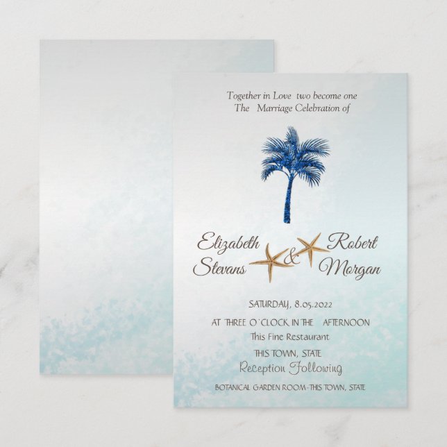 Tropical Beach Blue Glitzer Palm Wedding Einladung (Vorne/Hinten)