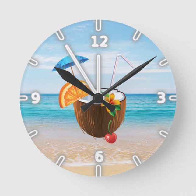 Tropical Beach,Blue Sky,Ocean Sand,Coconut Coctail Runde Wanduhr (Vorderseite)