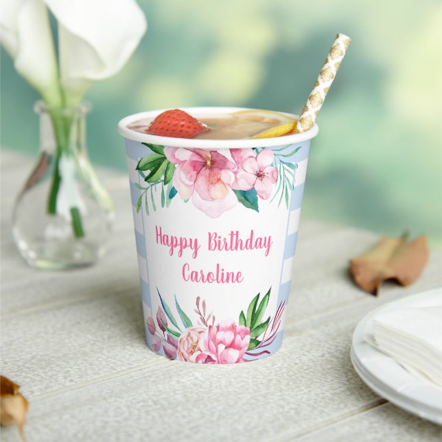 Tropical Beach Blue Strips Sommer Blumengeburten Pappbecher (In Situ)