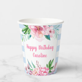 Tropical Beach Blue Strips Sommer Blumengeburten Pappbecher