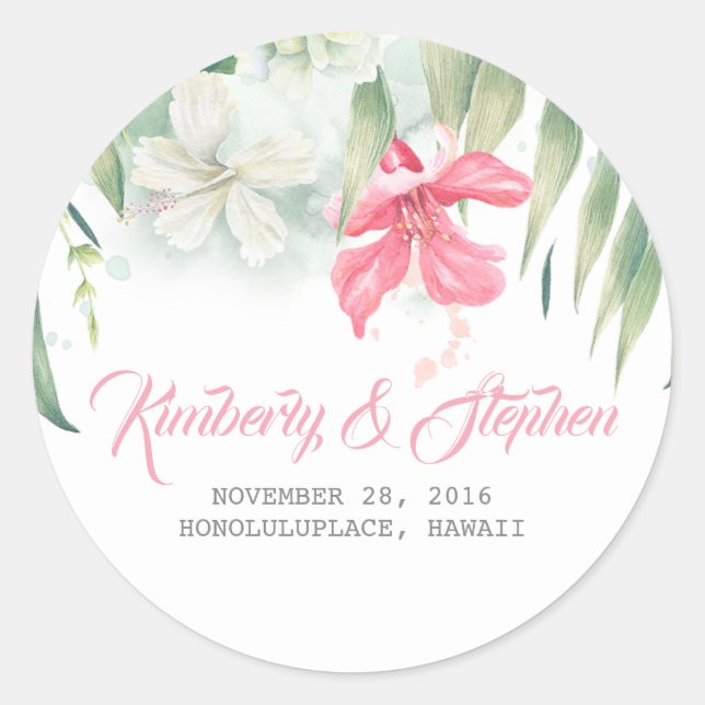 Tropical Beach Blume Hochzeit Runder Aufkleber (Vorderseite)