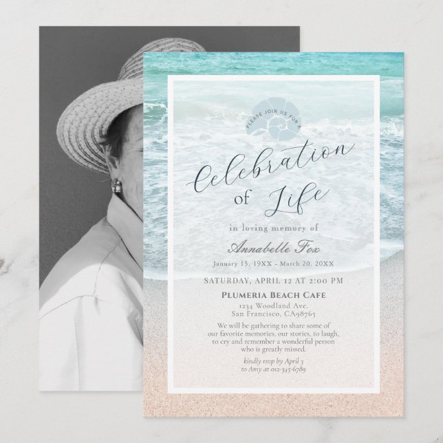Tropical Beach Celebration of Life Funeral Einladung (Vorne/Hinten)