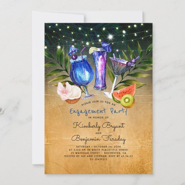 Tropical Beach Cheques Cocktails Engagement Party Einladung (Vorderseite)