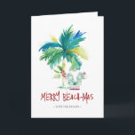 Tropical Beach Christmas Card<br><div class="desc">Diese Weihnachtskarten am Strand sind mit einer inselinspirierten exotischen Palme und dem niedlichen Weihnachtsfeiertag ausgestattet. Die Wörter "Merry Beach-mas" sind handgeschriebene Sets. Verwenden Sie die Vorlagenfelder, um Ihren personalisierten Gruß hinzuzufügen. Eine charmante Wahl, um diese Ferienzeit an Freunde und Familie zu schicken. Wenn Sie nach mehr tropischen Weihnachtskarten Designs suchen,...</div>