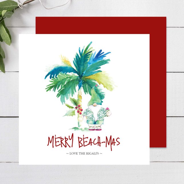 Tropical Beach Christmas Cards Mitteilungskarte (Tropical beach Christmas cards feature unique palm tree & elf watercolor art by Victoria Grigaliunas)