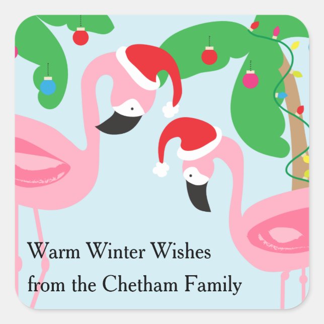 Tropical Beach Christmas Flamingos Birds Quadratischer Aufkleber (Vorderseite)