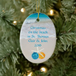 Tropical Beach Christmas Holiday Photo Ornament<br><div class="desc">Keepsake photo ornament from a beach,  or Christmas vacation.  Add a picture to the back with an ocean and beach sand image on the front.  Custom text can be anything,  and the starfish with ball ornaments can be deleted.</div>