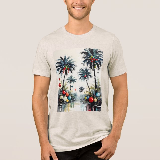 Tropical Beach Christmas Palm Trees With Ornaments Tri-Blend Shirt (Vorderseite)