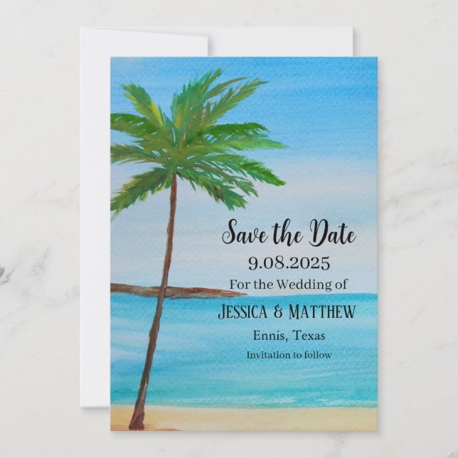 Tropical Beach Coastal Palm Tree Wedding Einladung (Vorderseite)