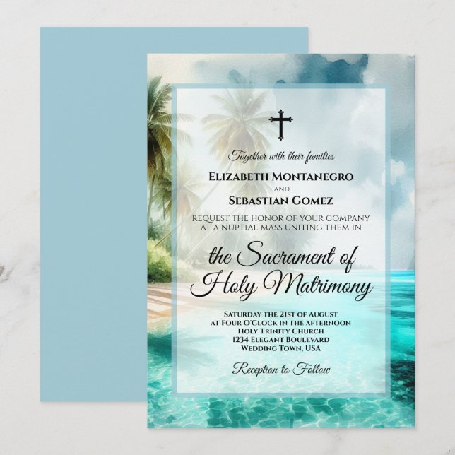Tropical Beach Coastal Watercolor Catholic Wedding Einladung (Vorne/Hinten)