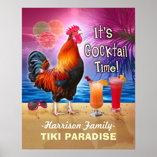 Tropical Beach Cocktail Bar Funny Rooster Chicken Poster (Vorne)