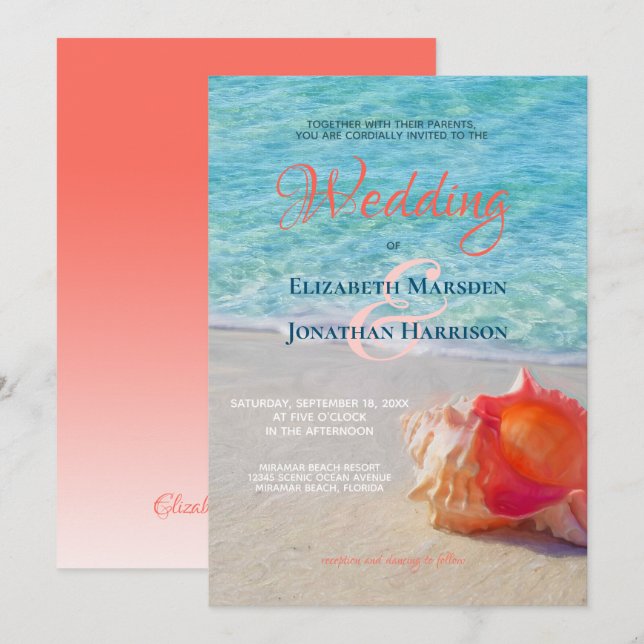 Tropical Beach Conch Muschel Moderne Ombre Wedding Einladung (Vorne/Hinten)