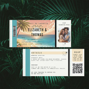 Tropical Beach Destination Boarding Foto Hochzeit Einladung