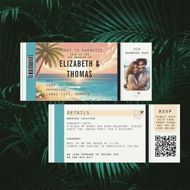 Tropical Beach Destination Boarding Foto Hochzeit Einladung (tropical beach destination wedding invitation boarding pass qr code all in one watercolor vintage)